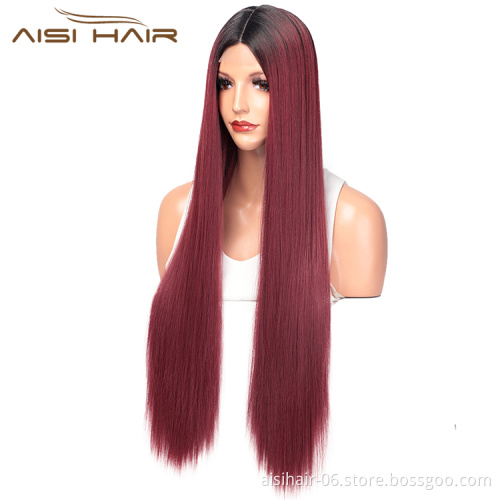 Aisi Hair Ombre Red Dark Root Wig Long Silky Straight Lace Frontal Wig Middle Part Synthetic Front Lace Hair Wigs For Women